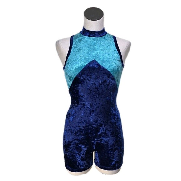 Gilda Marx VTG 90s High Neck Velvet Keyhole Biketard Unitard Dance Blue XS (Y/J) - Picture 2 of 16